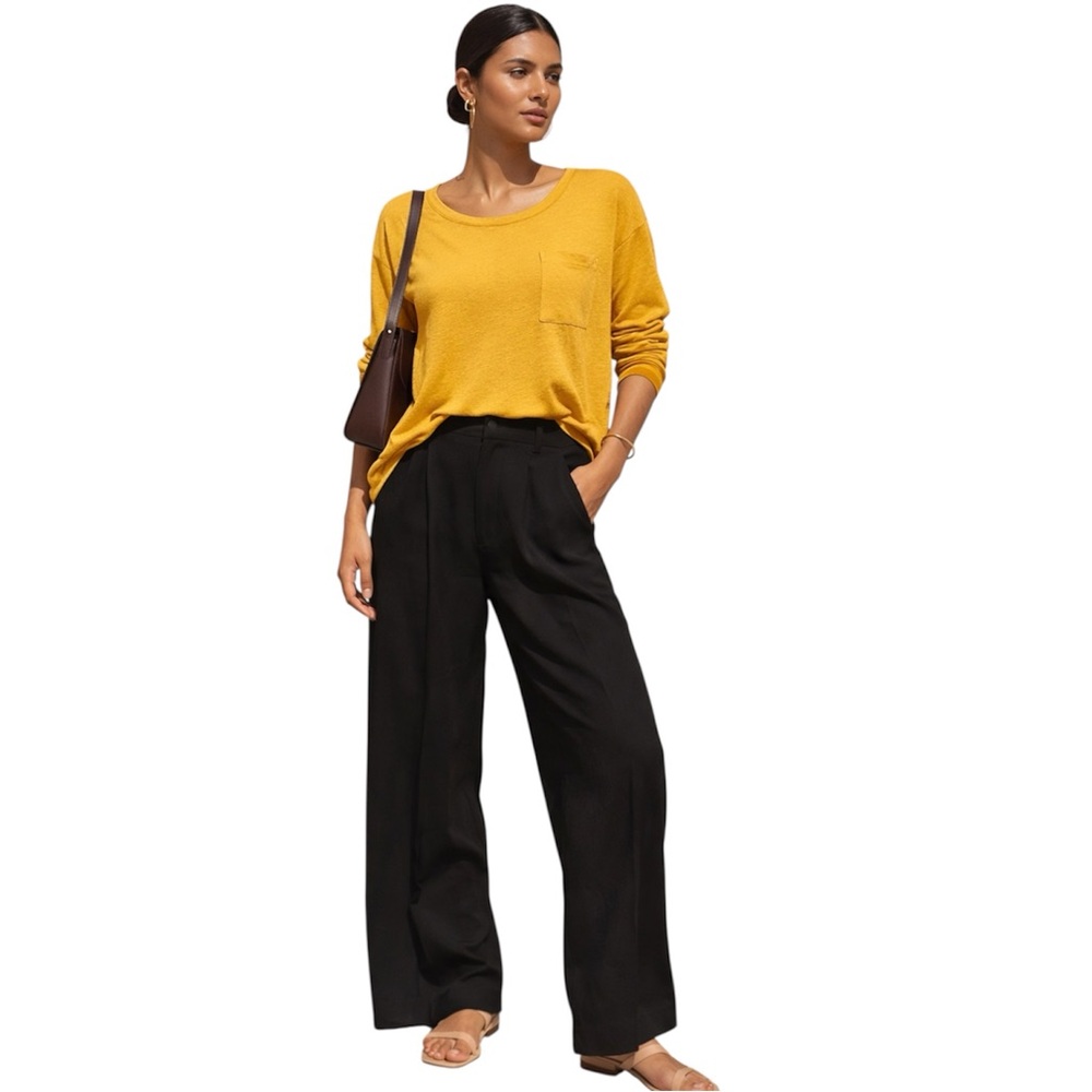 Old Navy Mustard Yellow Long Sleeve Linen Pocket Tee Oversized Relaxed Fit Top